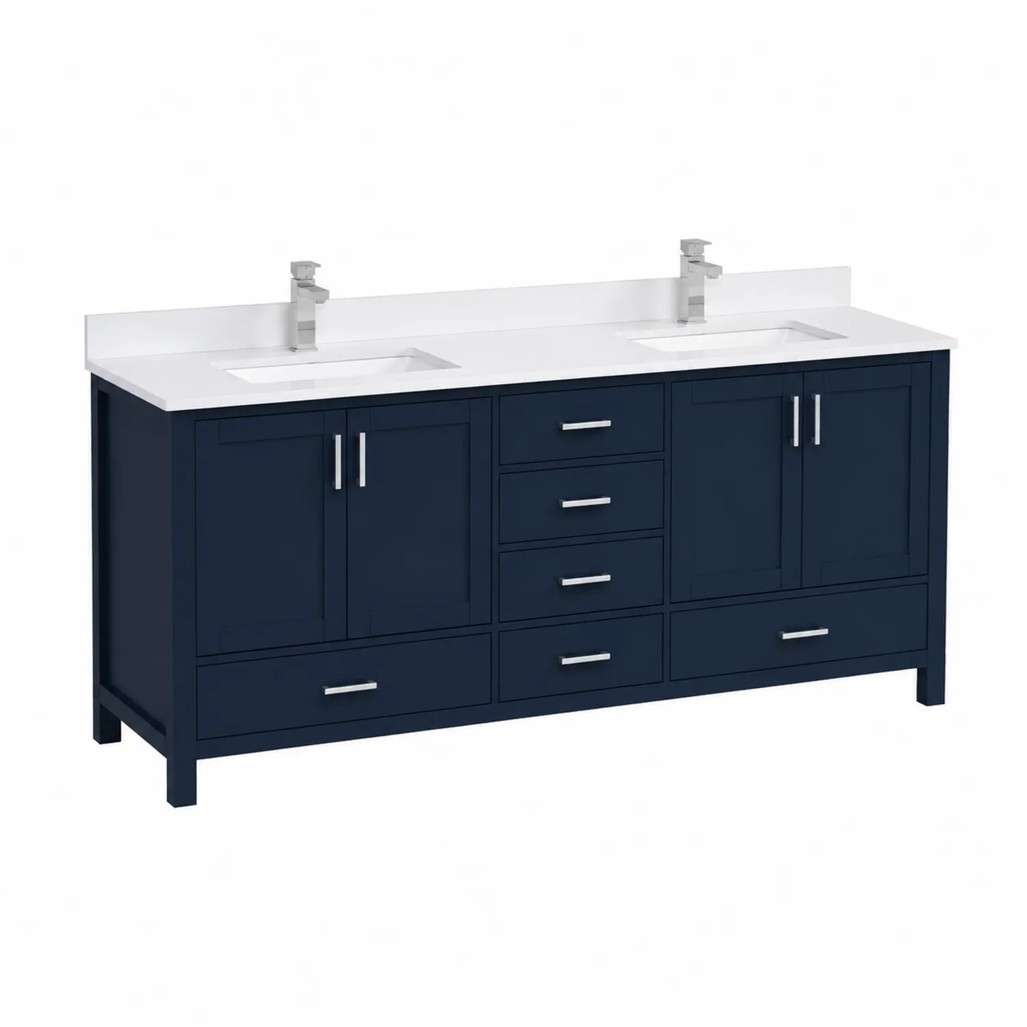 Meuble-lavabo double en bois couleur Bleu Marine avec plan en quartz-Lumdilorin