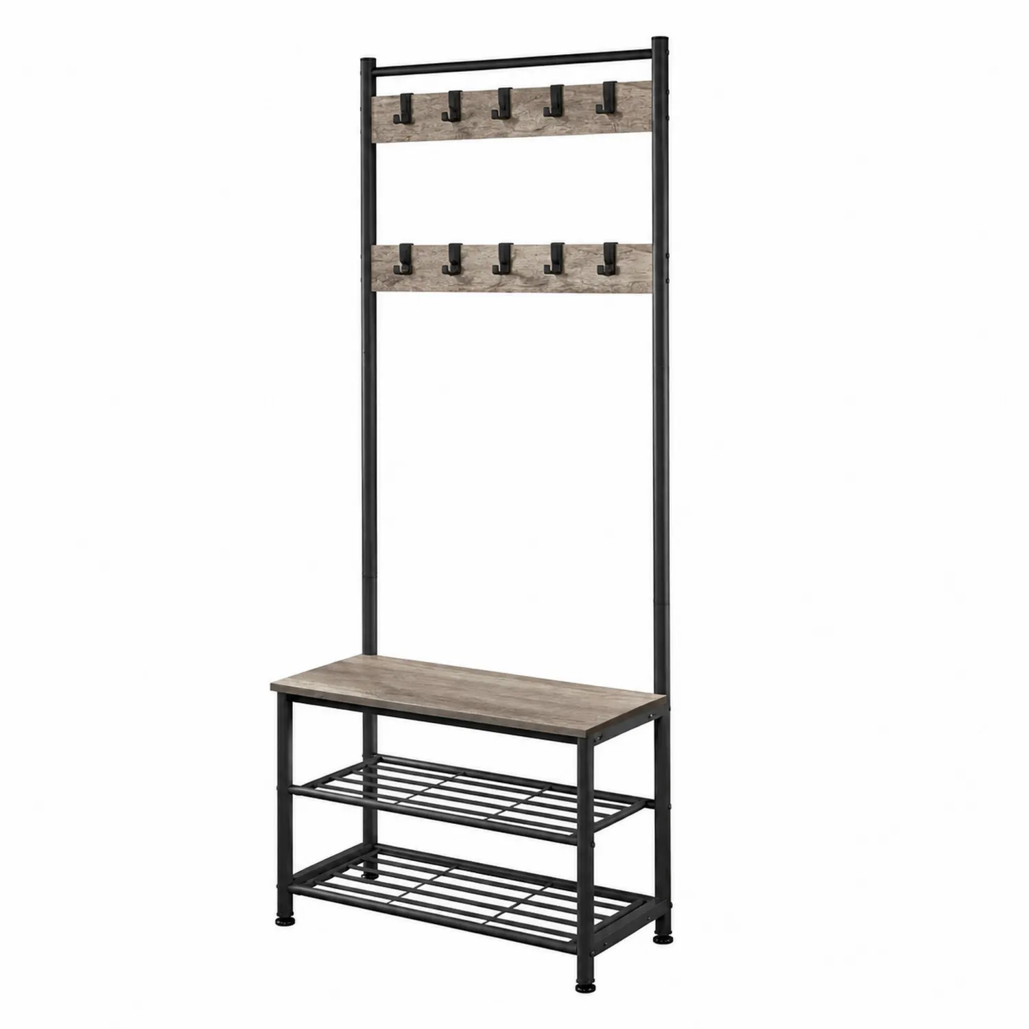 Portemanteau avec banc et étagères en métal noir et bois-Lumdilorin