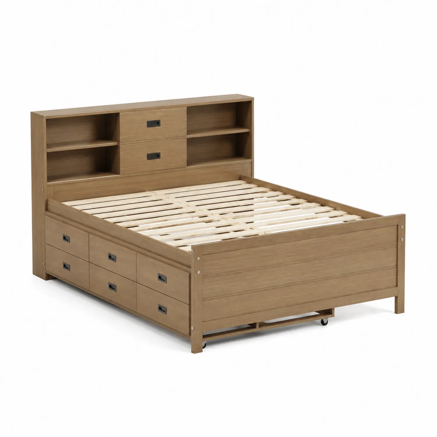 Lit double en bois avec rangement et étagères 200x160 cm-Lumdilorin