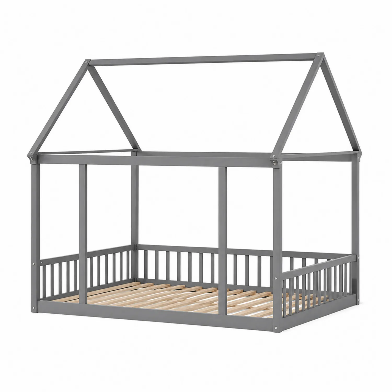 Lit Maison en Métal et Bois Gris 200x90 cm-Lumdilorin
