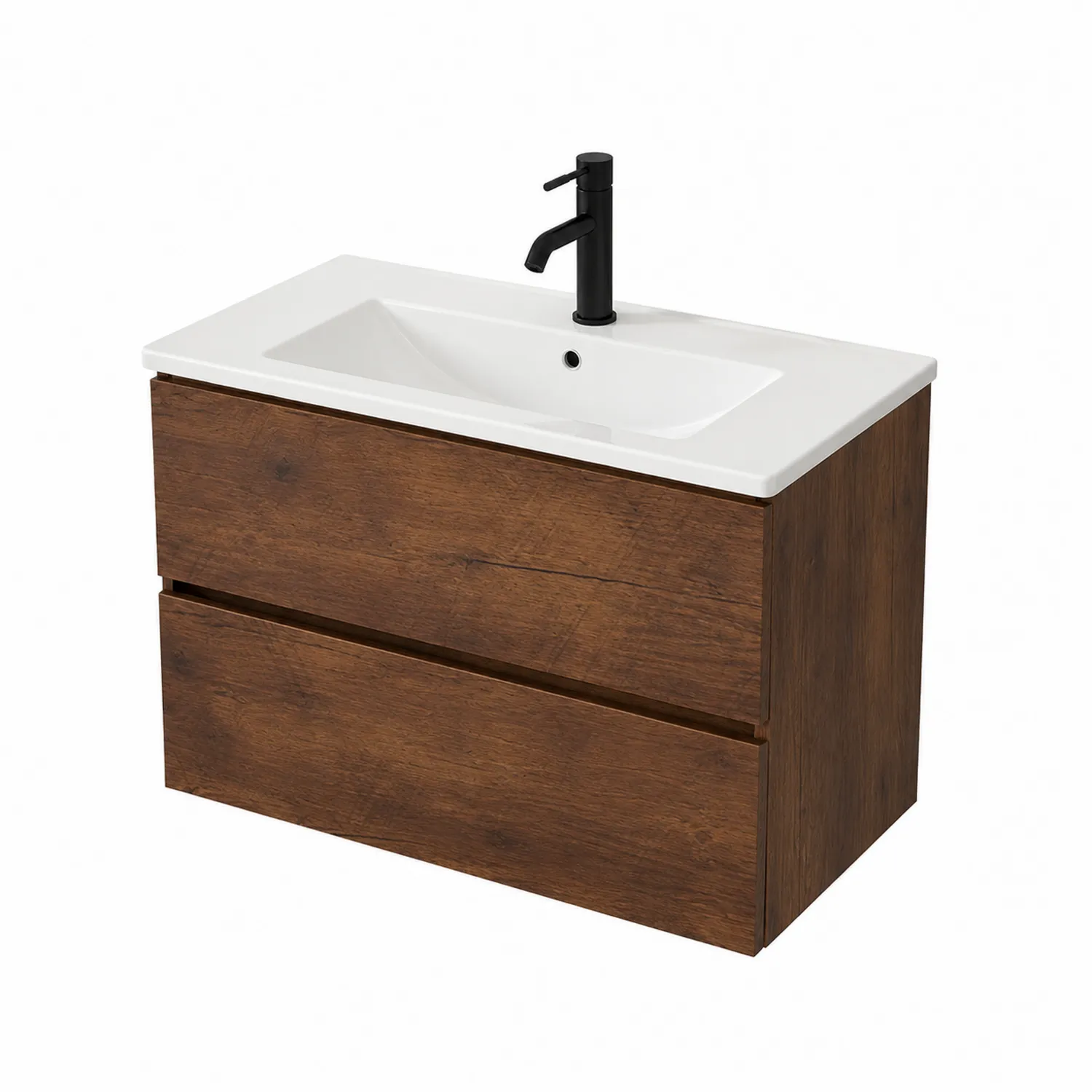 Meuble-lavabo avec tiroirs en bois brun et vasque en céramique blanche-Lumdilorin