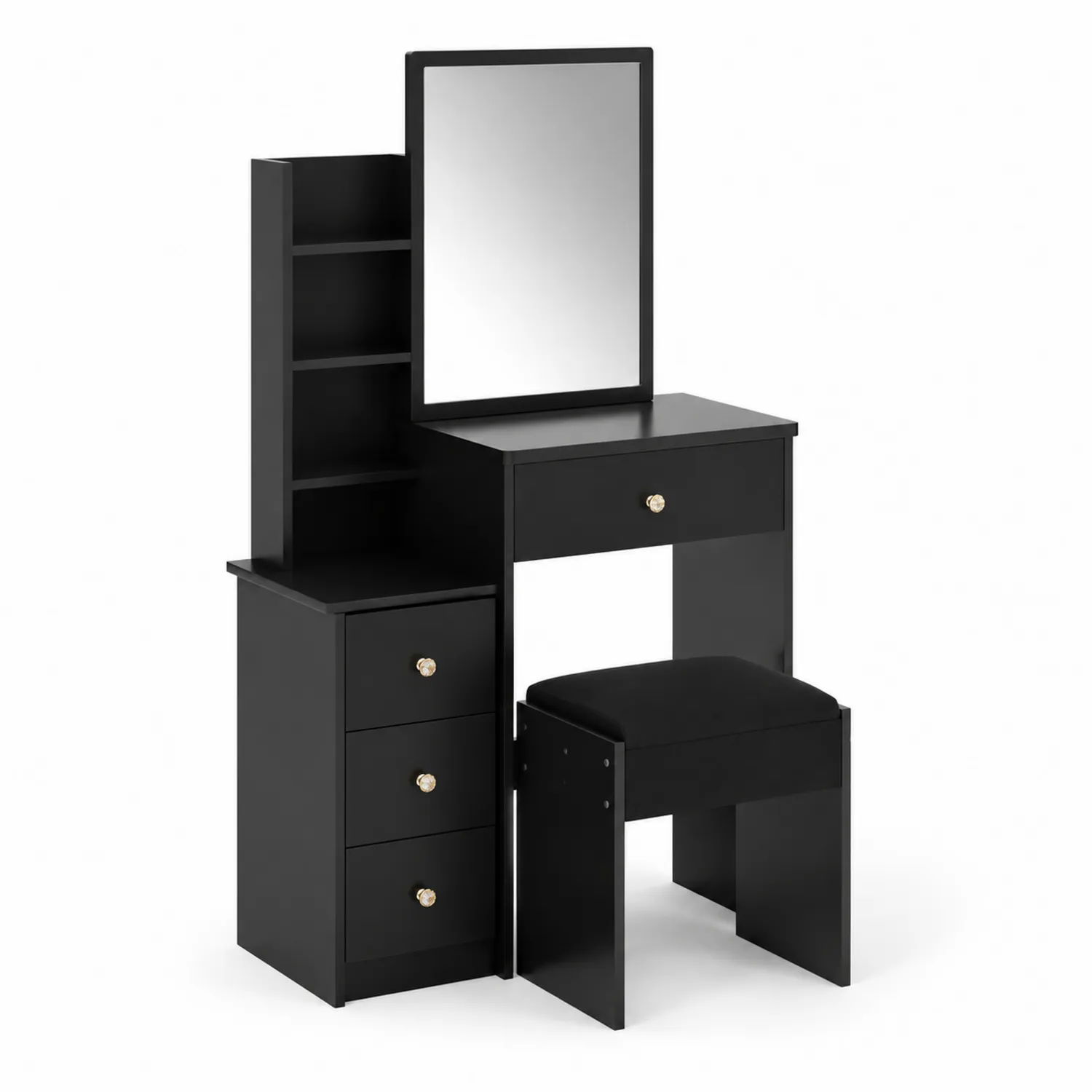 Coiffeuse en bois avec miroir et tabouret noir-Lumdilorin