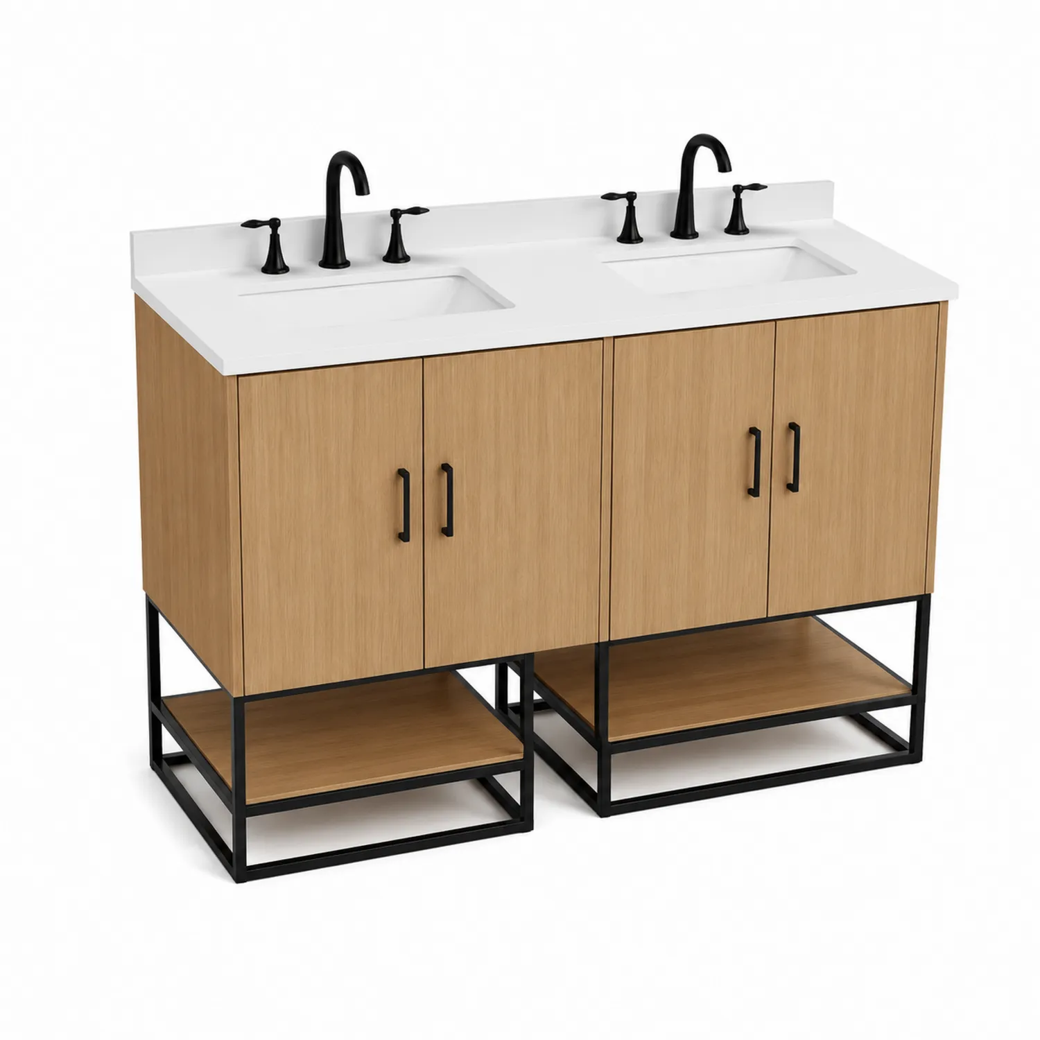 Meuble-lavabo double en bois avec vasque en céramique et structure en métal noir-Lumdilorin