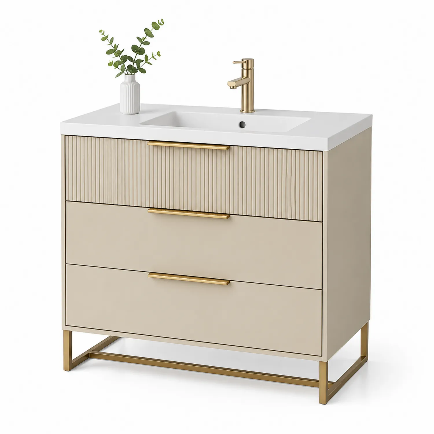 Beżowa Szafka Podumywalkowa MDF z Umywalką Ceramiczną 80x45x85 cm