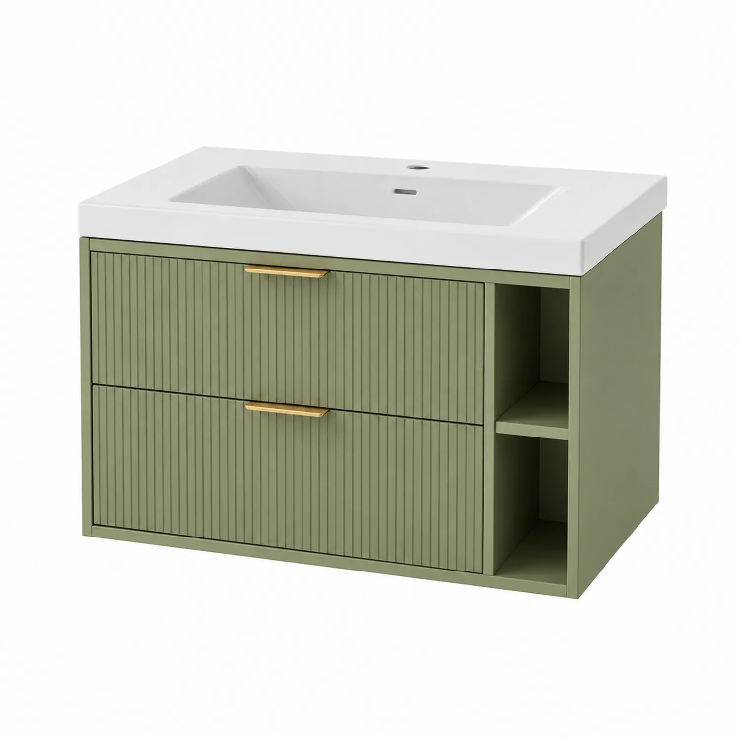 Szafka podumywalkowa wisząca zielona MDF z umywalką ceramiczną i uchwytami złotymi 80 cm