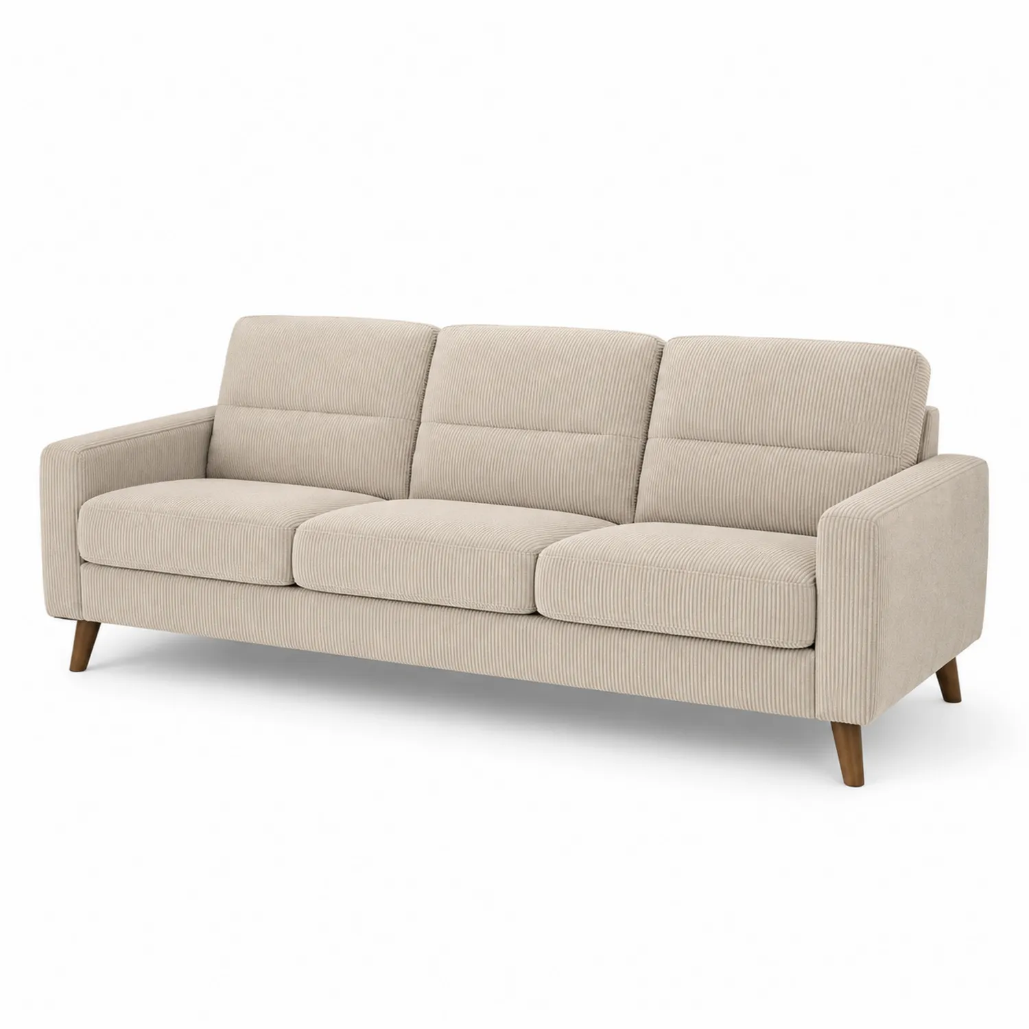 Sofa trzyosobowa sztruksowa z drewnianymi nogami, Beżowa, 200x90x85 cm