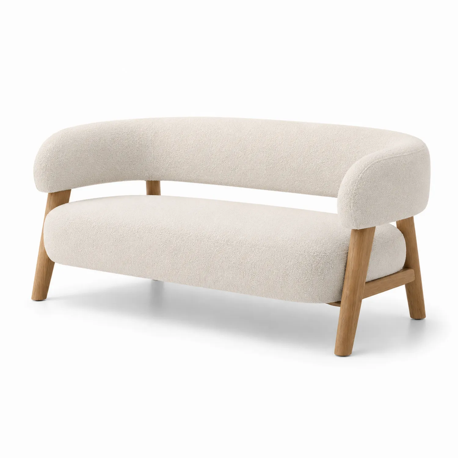 Beżowa sofa dwuosobowa z drewnianą ramą
