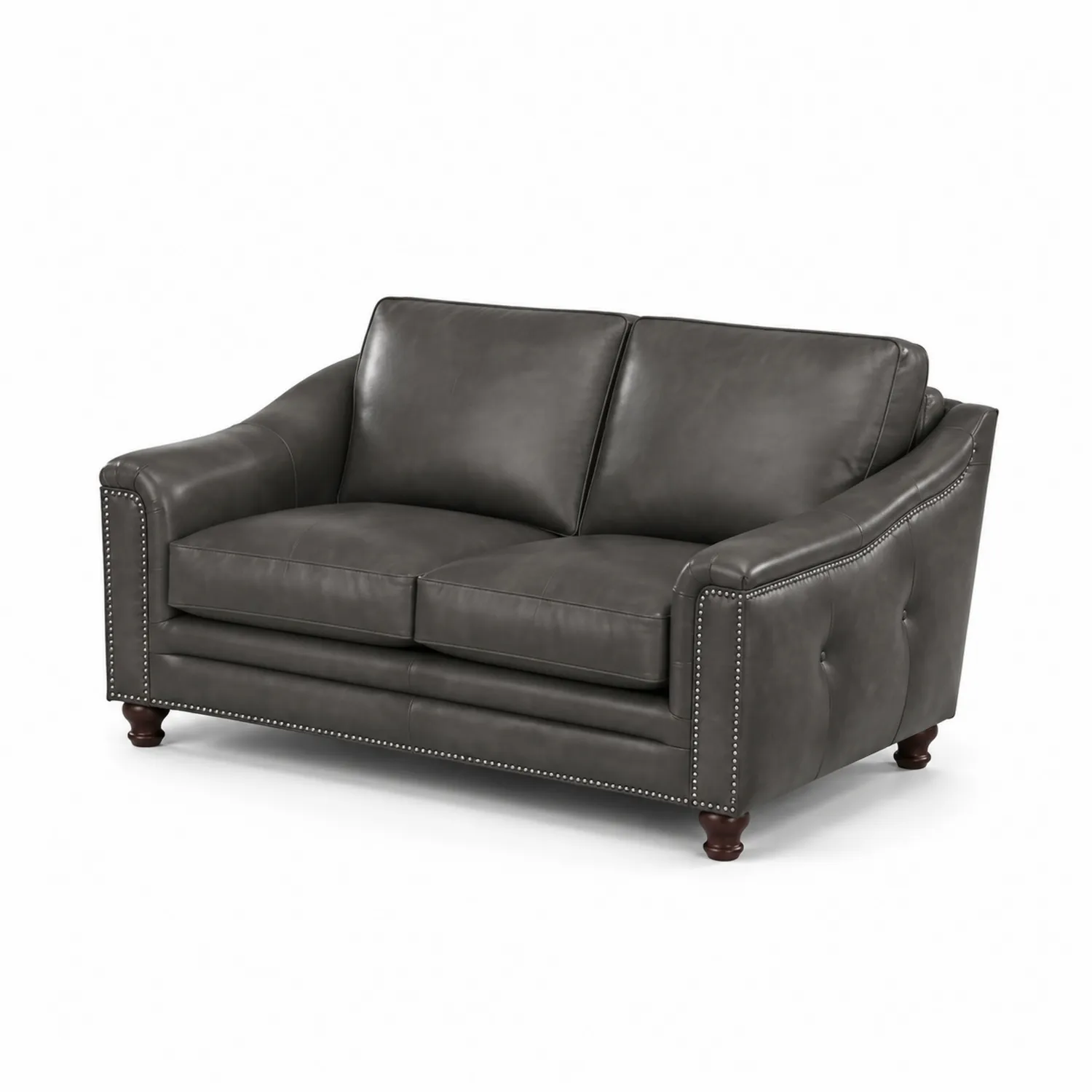 Dwuosobowa sofa skórzana z drewnianymi nogami Szara