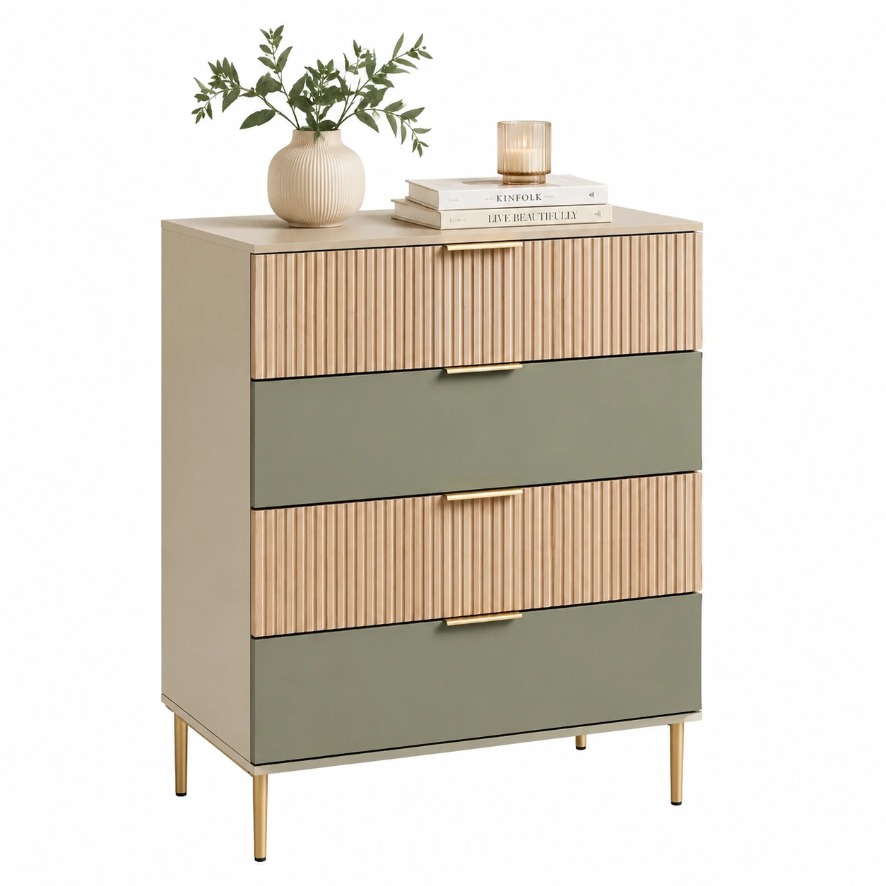 Comoda contemporanea verde oliva con detalles acanalados dorados-urbanligna