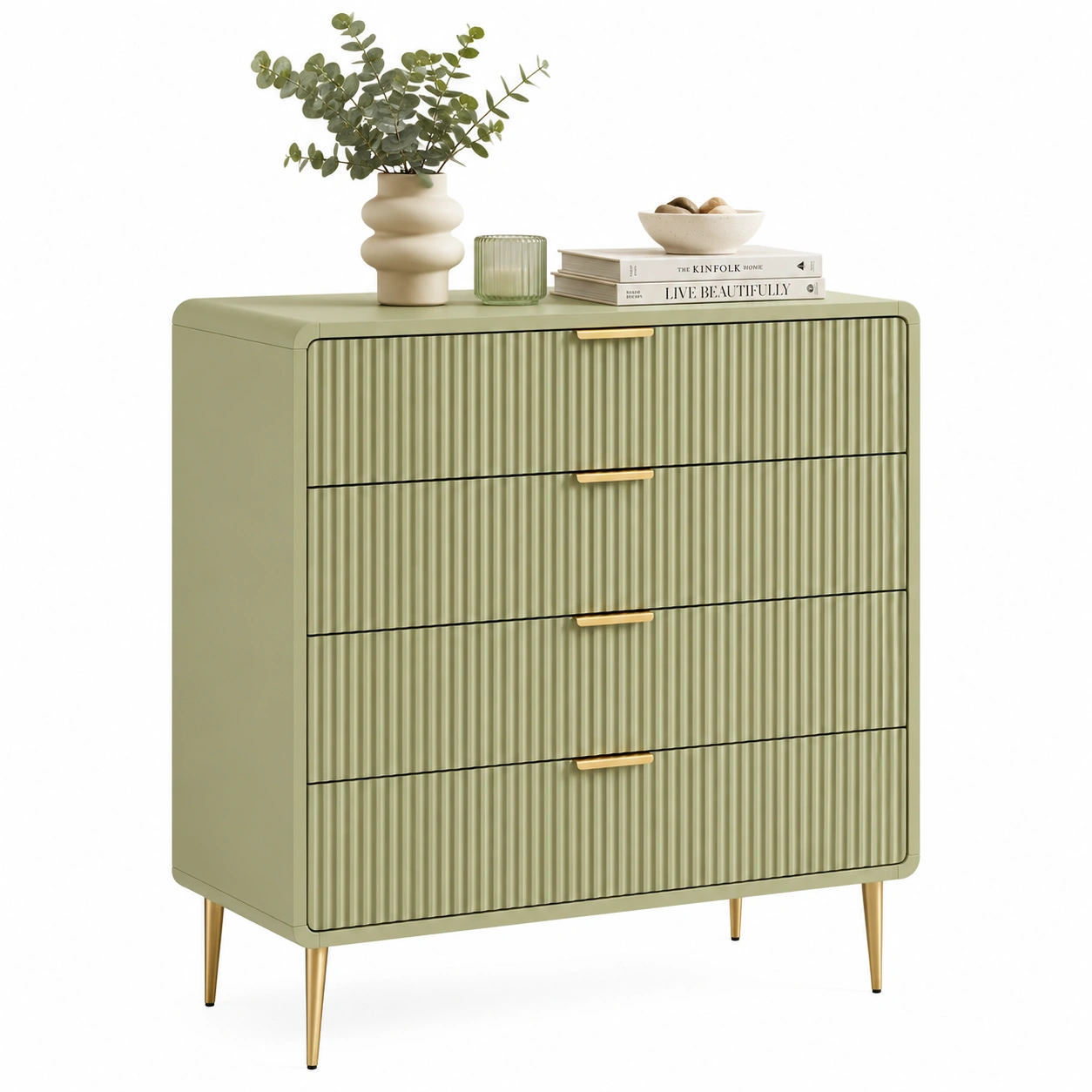 Comoda minimalista verde claro con acabado acanalado elegante-urbanligna
