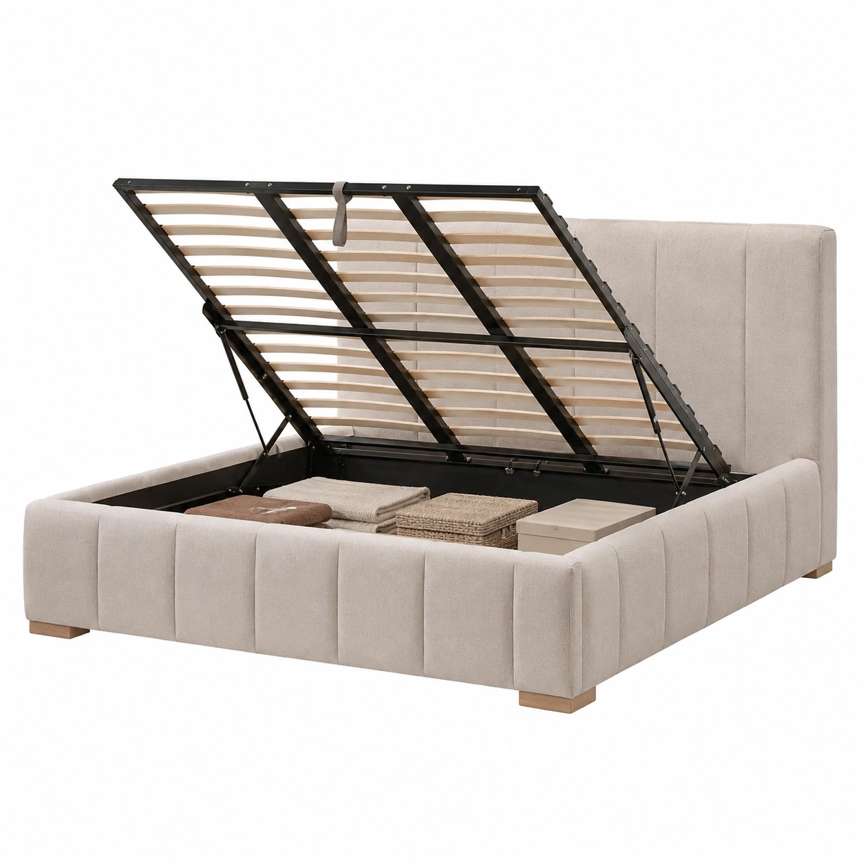 Cama acolchada con almacenaje integrado en beige moderno-urbanligna
