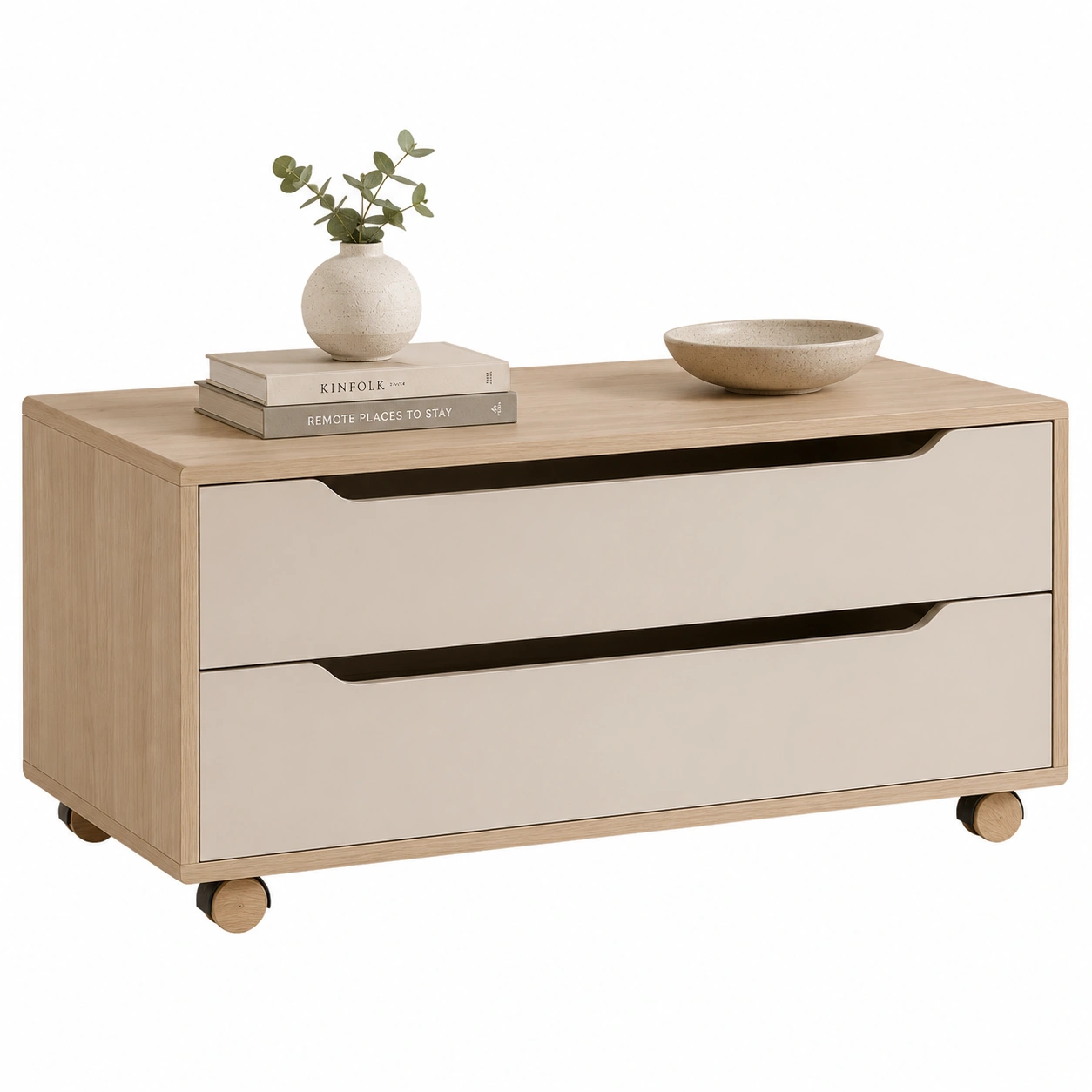 Mesa de Centro con Ruedas y 2 Cajones en Madera y Blanco-urbanligna