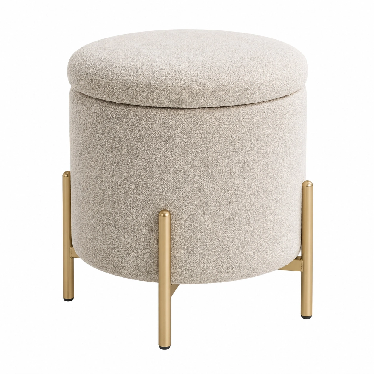 Taburete redondo minimalista de bouclette beige con patas doradas-urbanligna
