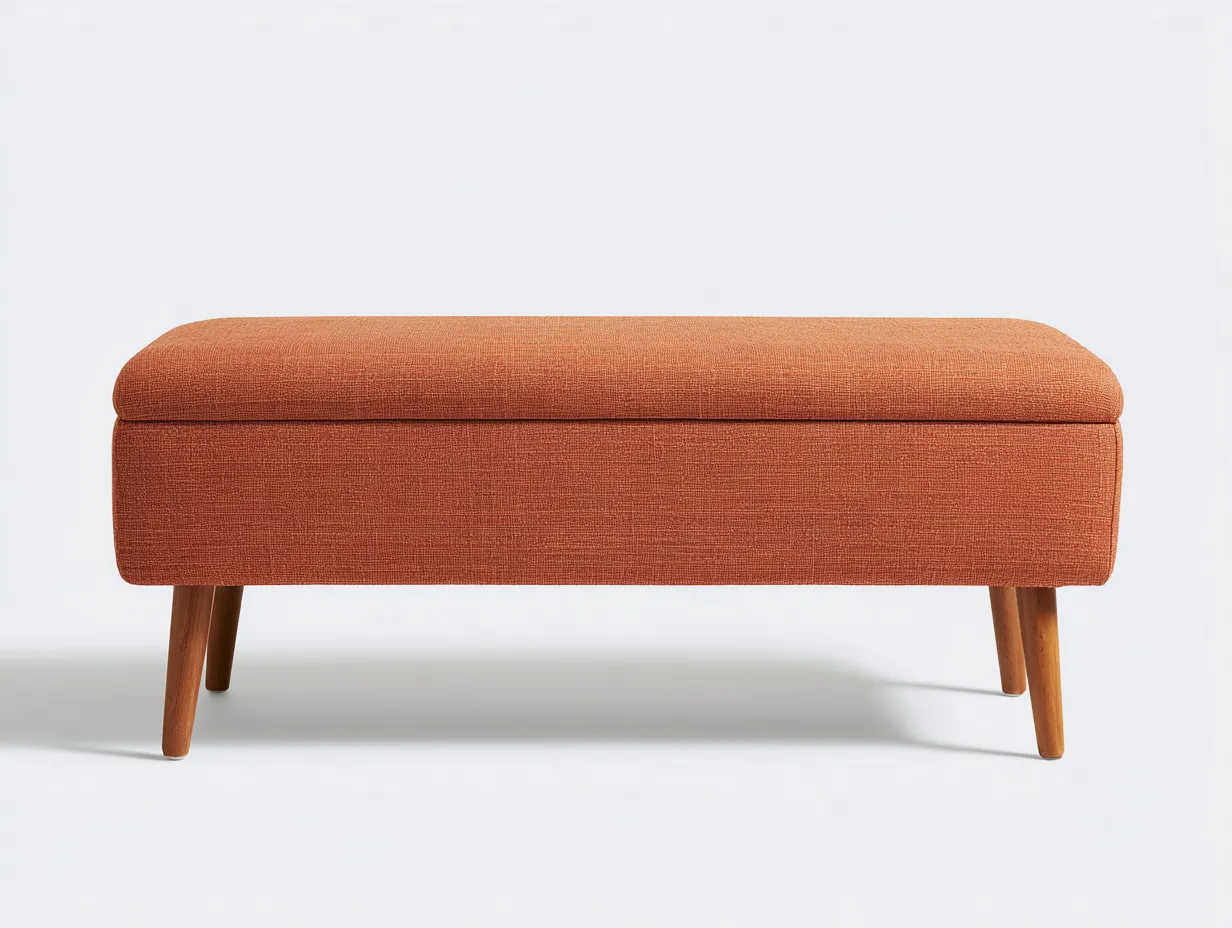 Bank 110x40x45 cm - Stoff in Terrakotta und Holzfarben - Schlafzimmerbank mit Stauraum im Mid-Century-Stil-Linovahaus