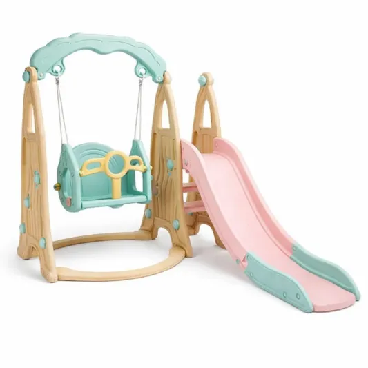Kinderspielplatz Set mit Rutsche und Schaukel aus Kunststoff Beige/Rosa/Grün-furndina