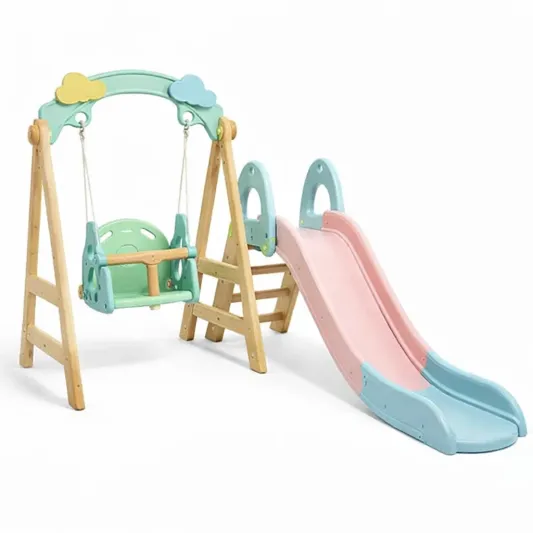 Kinderrutsche und Schaukel Set aus Holz und Kunststoff Grün Blau Rosa-furndina
