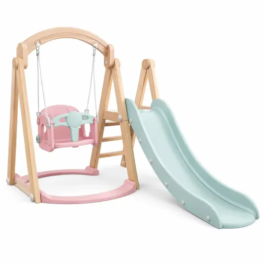 Kinderrutsche und Schaukel Set Holzrahmen Kunststoff Rosa/Blau-furndina