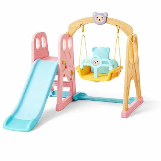 Kinderrutsche mit Schaukel Set aus Kunststoff und Holz Mehrfarbig-furndina