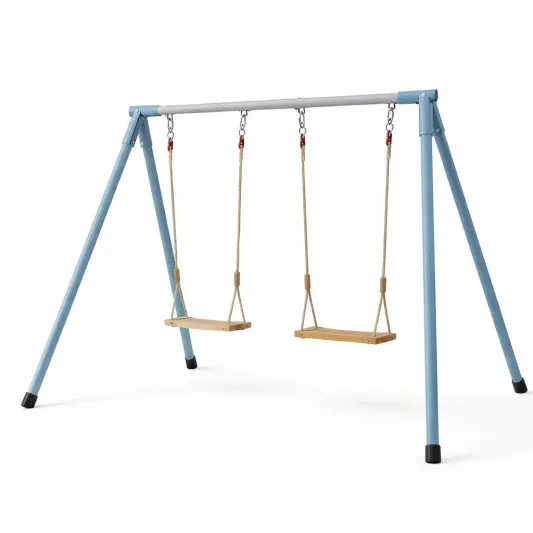 Metallschaukel mit Holzsitzen und Polypropylen Seilen, Blau-furndina