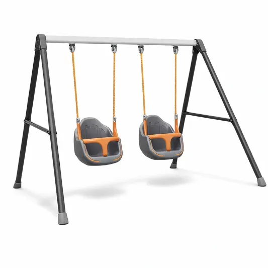 Doppelte Kinderschaukel aus Metall mit Sitzen in Grau/Orange-furndina