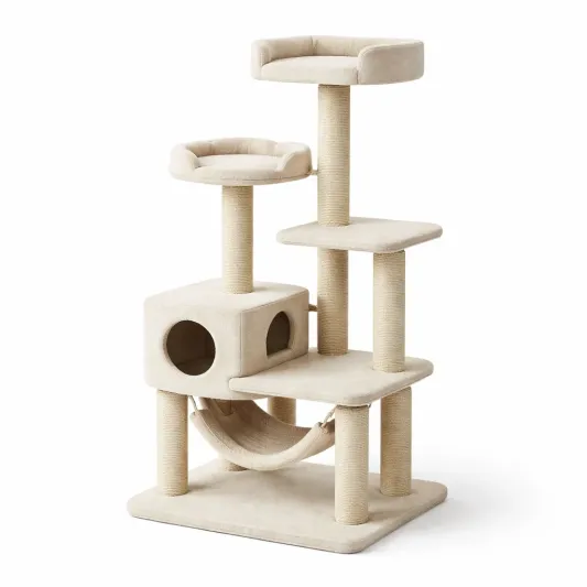 Kratzbaum aus Holz mit Plattformen und Höhle in Beige-furndina