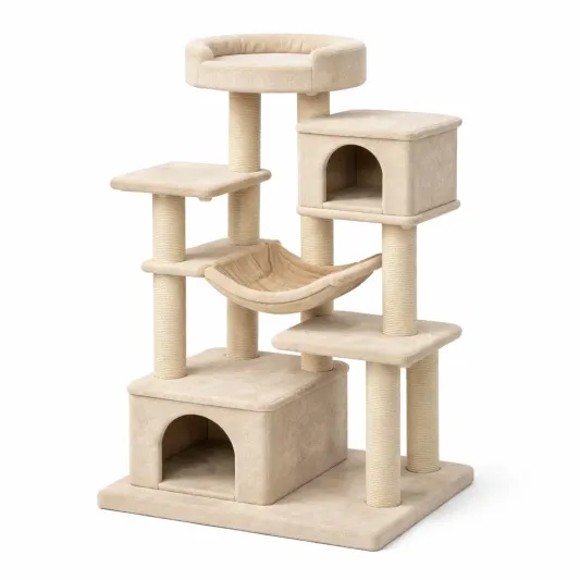 Katzenkratzbaum mit Holz, Sisal und Plüsch Beige/Grau-furndina