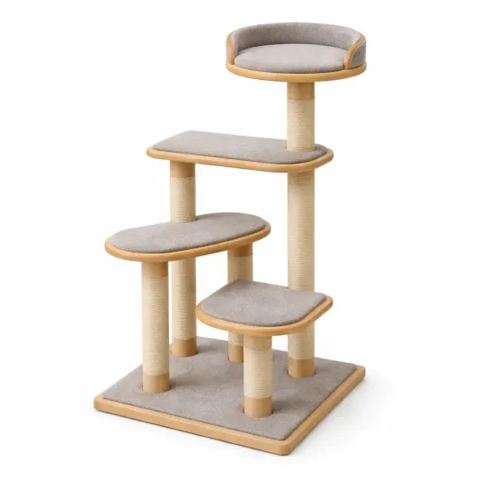 Katzenkratzbaum aus Holz mit Sisal und Stoff in Beige-furndina