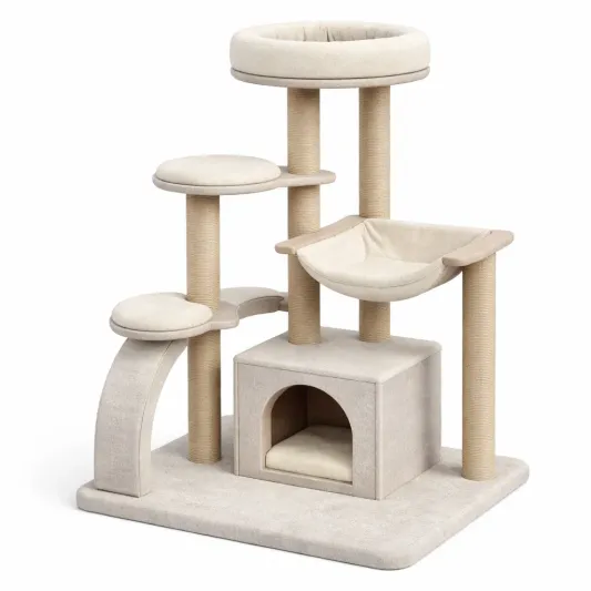 Katzenkratzbaum mit Hängematte und Höhle 120 cm Grau Beige-furndina