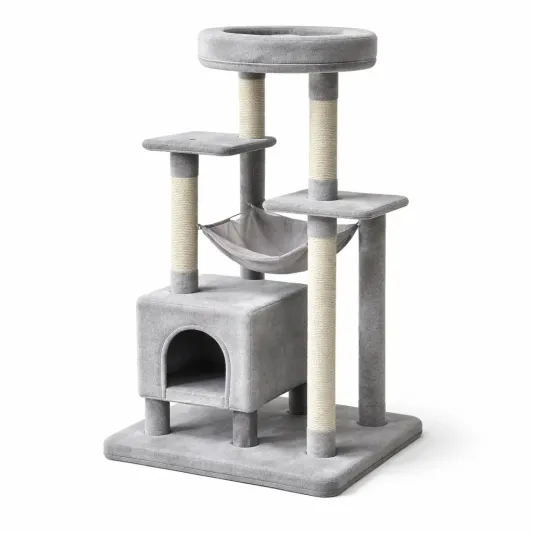 Holz-Katzenbaum mit Höhle und Rampe Beige 120cm-furndina