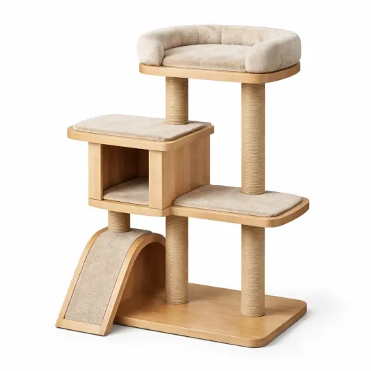 Katzenbaum aus Holz und Sisal mit Plattformen Beige-furndina