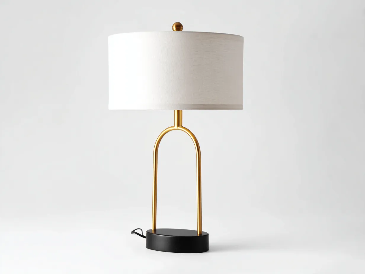 Tischlampe 38x20x62 cm - weißer Stoffschirm mit goldfarbenem Metallbogen - moderne Wohnzimmerleuchte-Mazofahome