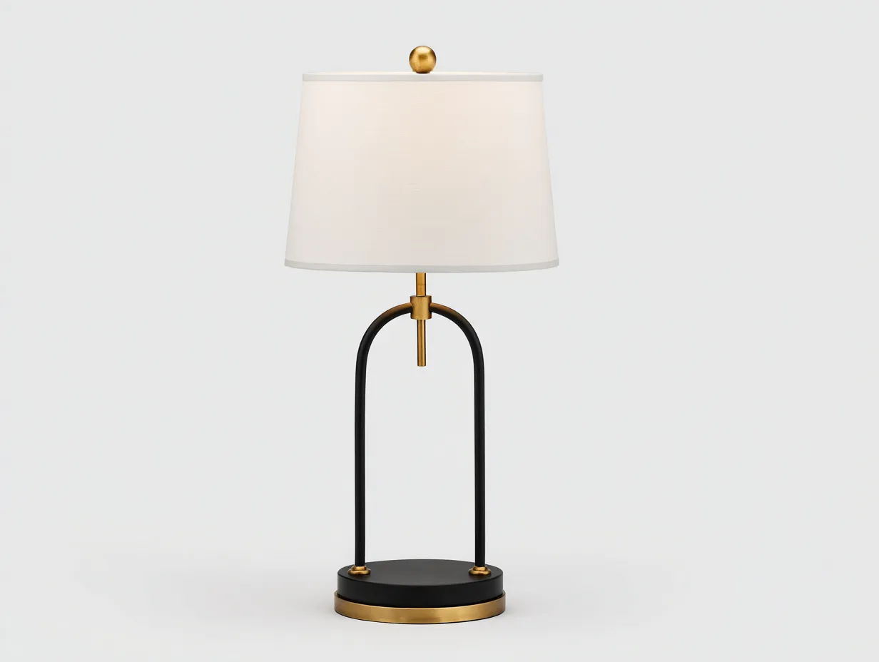 Tischlampe 34x22x58 cm - weißer Stoffschirm mit schwarzem Metallbogen und Goldakzent - elegante Wohnzimmerleuchte-Mazofahome