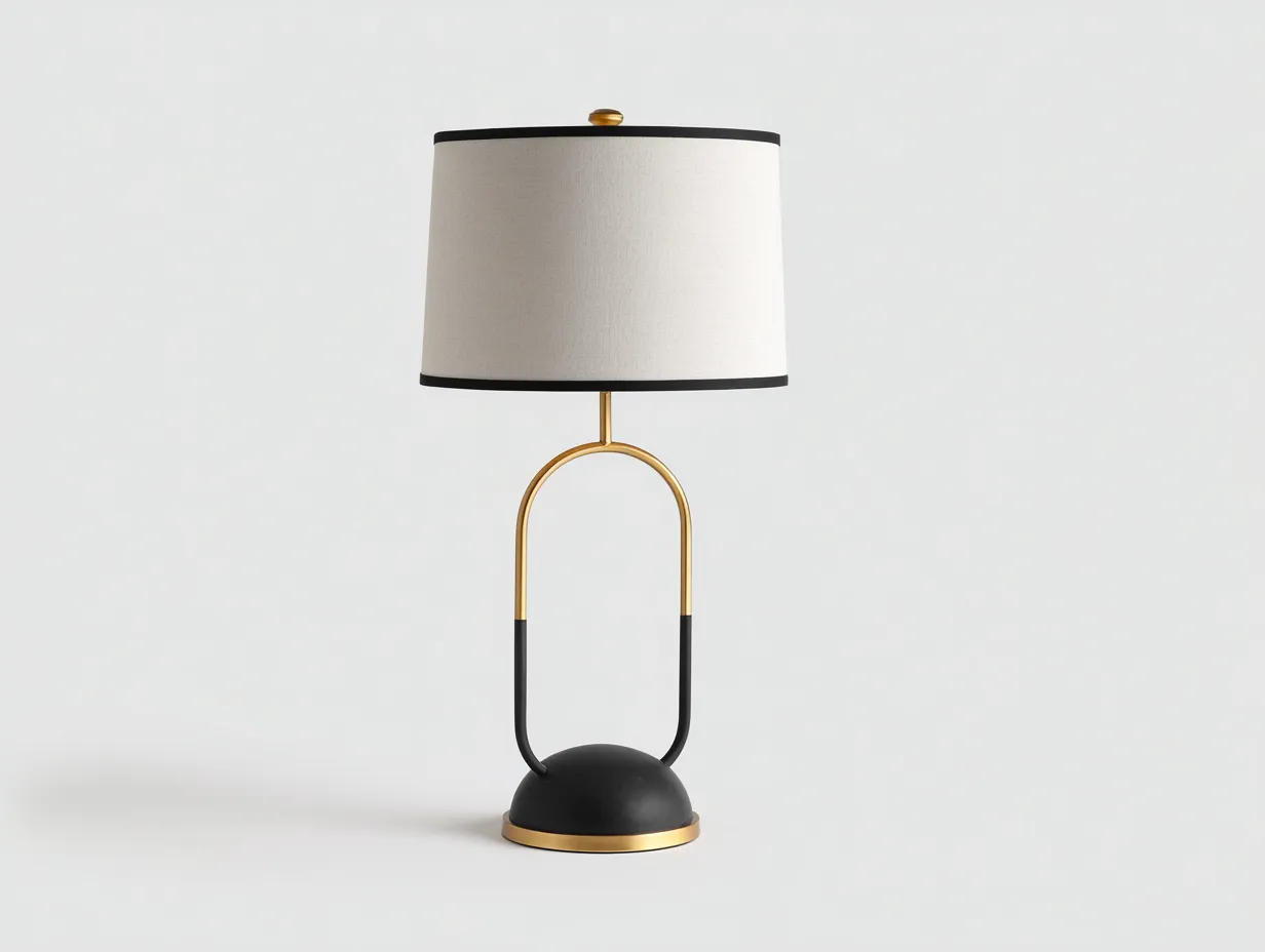 Tischlampe 32x19x55 cm - beiger Stoffschirm mit schwarzer Einfassung und Goldbogen - dekorative Wohnzimmerlampe-Mazofahome