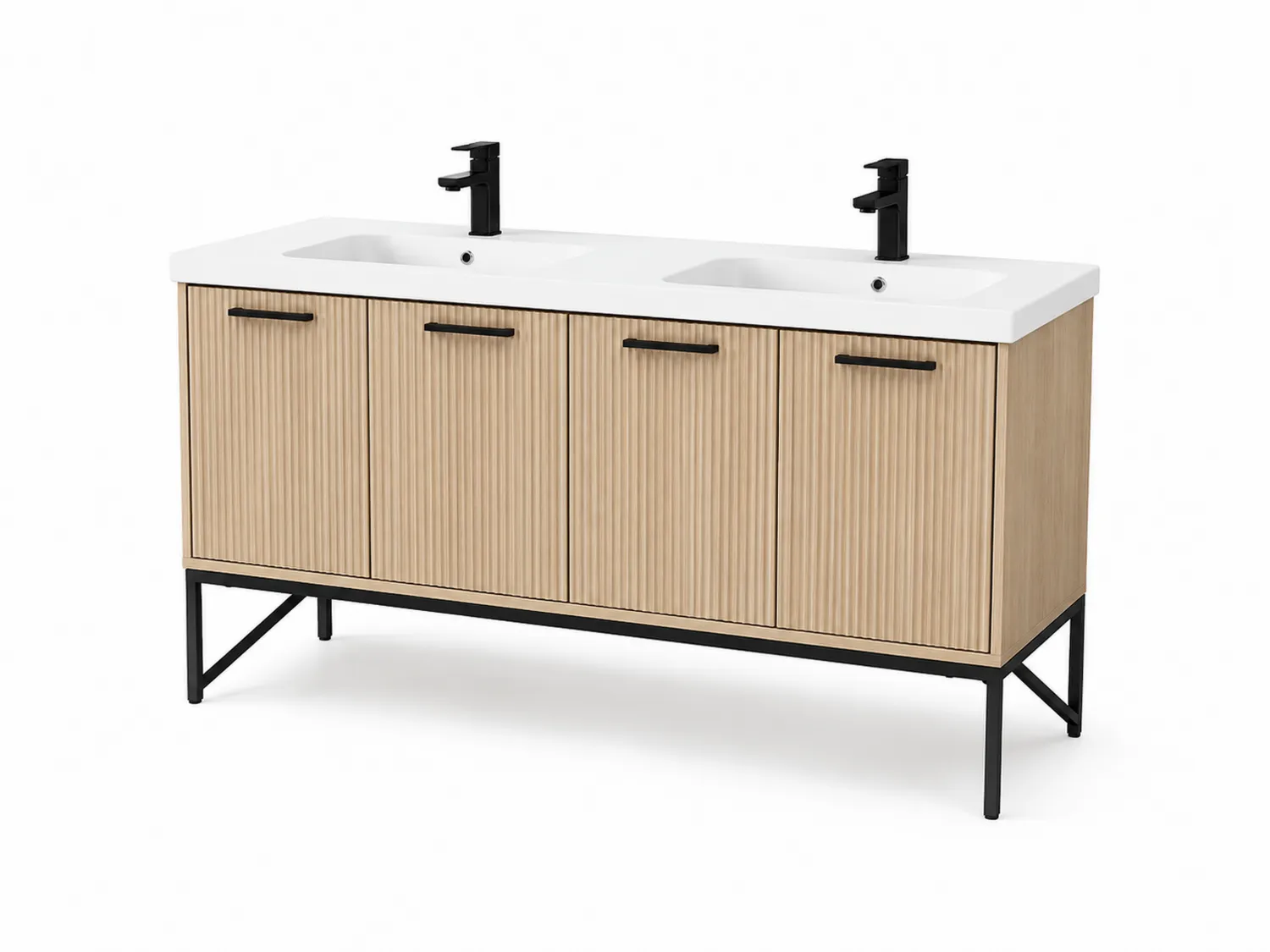 Szafka podumywalkowa z dwoma umywalkami MDF Laminat Dąb Metalowa Rama 150x50x80 cm