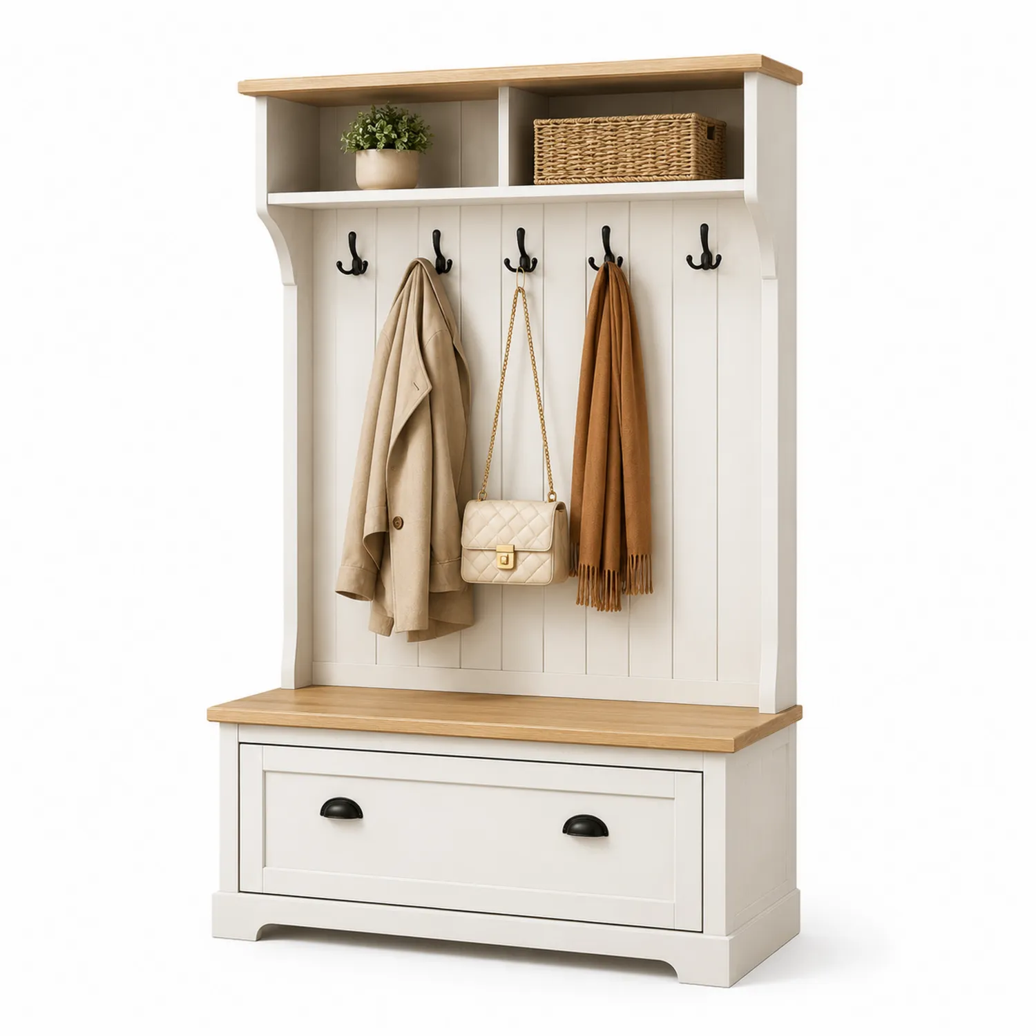 Stojak na ubrania z półką i szufladą MDF i drewno sosnowe 200x100x35 cm