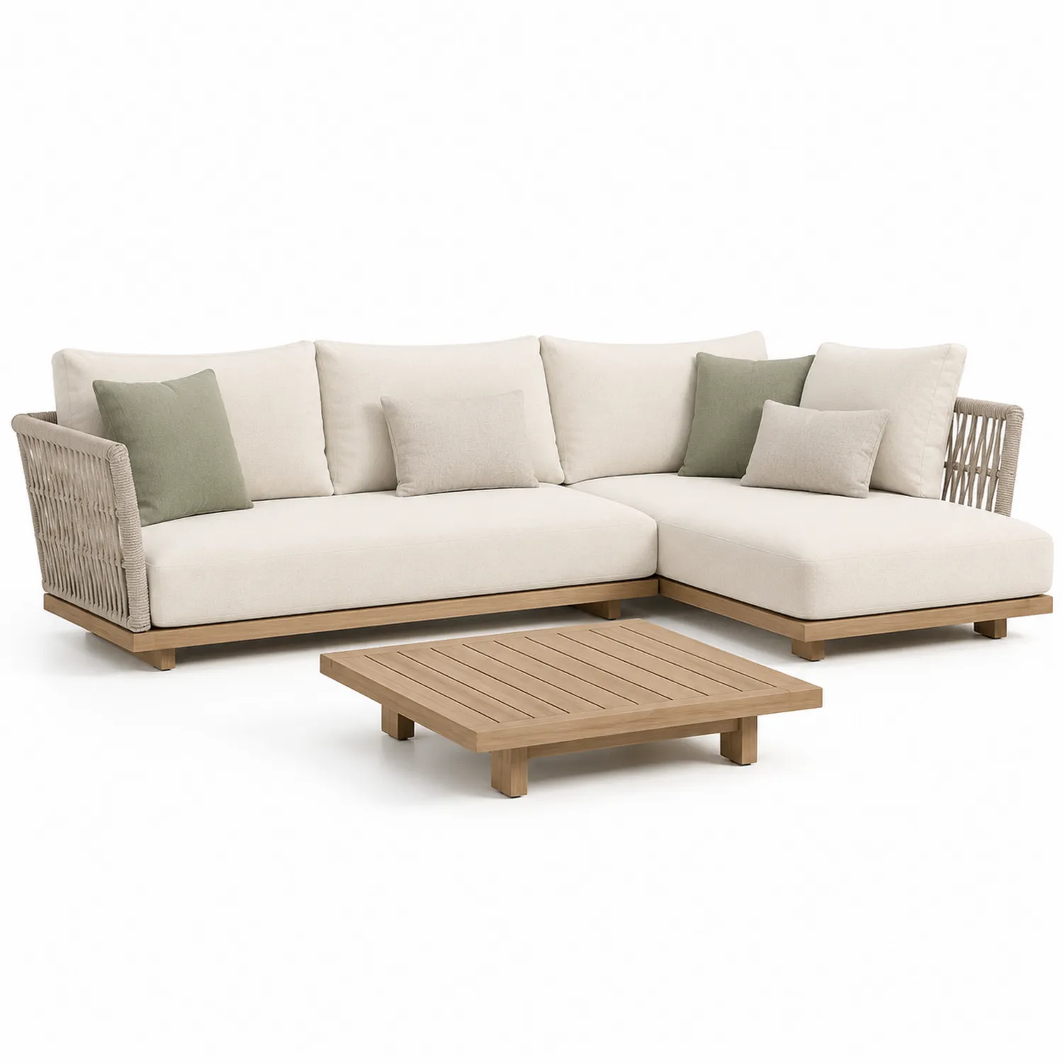 Narożna sofa ogrodowa z drewna teakowego z poduszkami