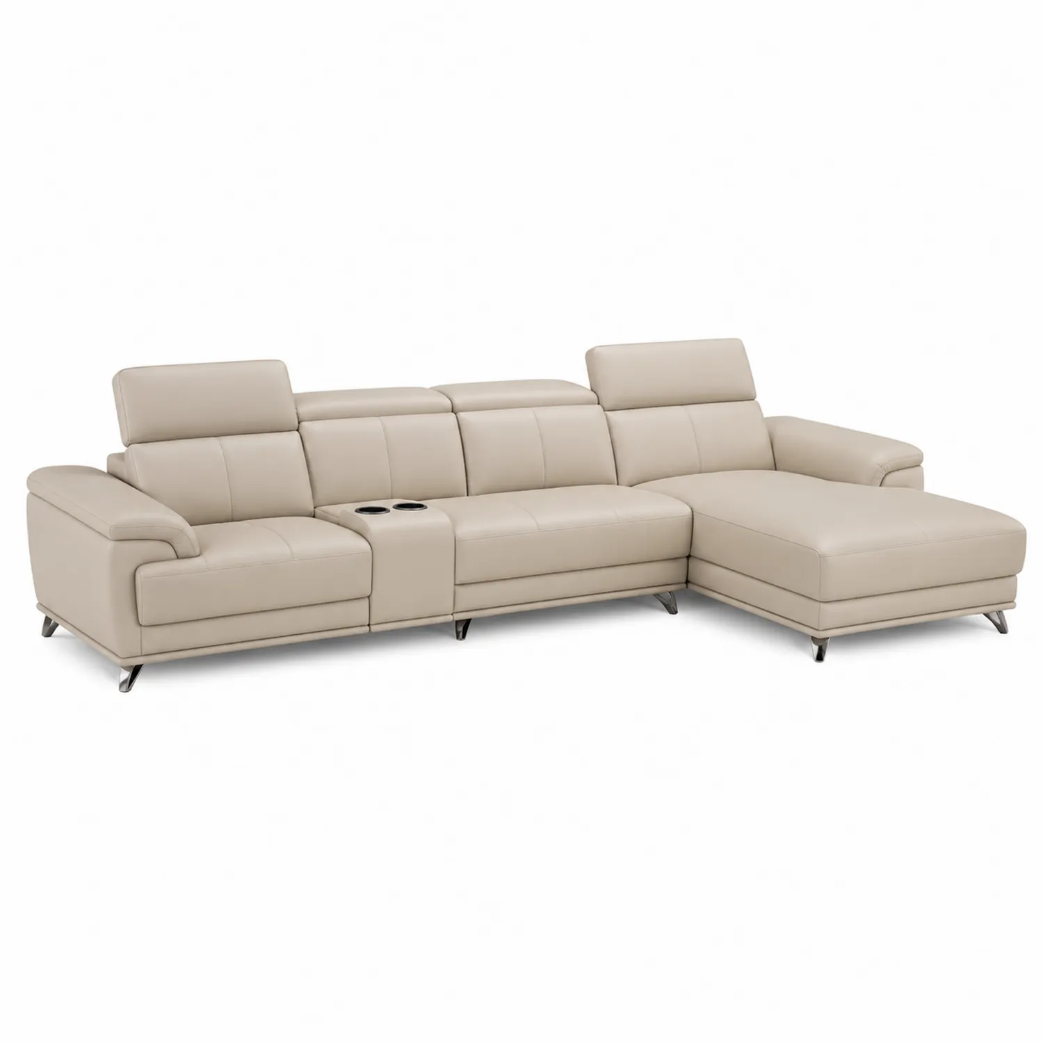 Sofa narożna modułowa beżowa skóra ekologiczna z uchwytami na napoje
