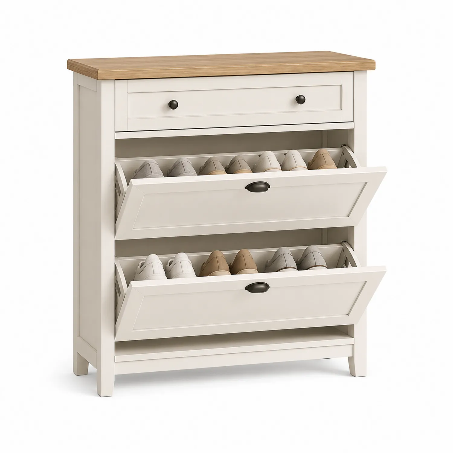 Biała szafka na buty z MDF i blatem dębowym 90x30x100 cm