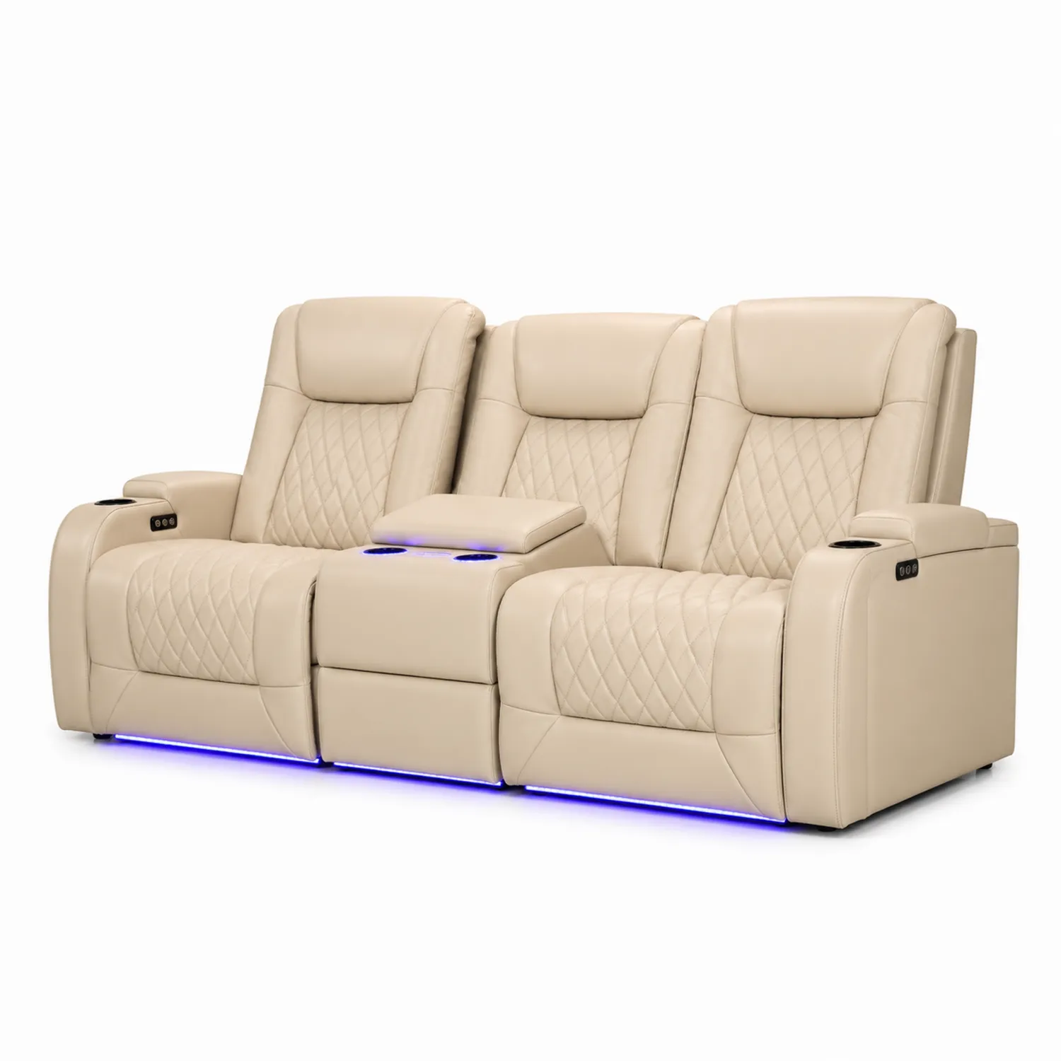 Skórzana Sofa Kinowa 3-osobowa Beżowa z USB