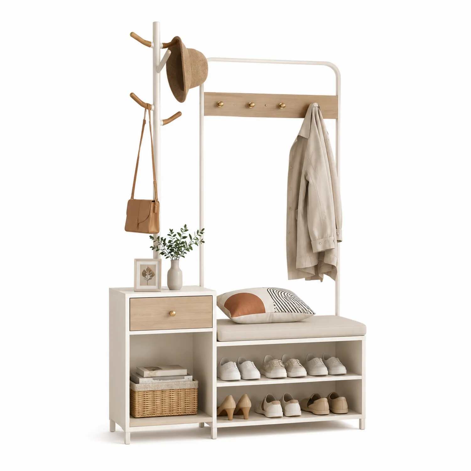 Wieszak na ubrania z siedziskiem i półkami z MDF i stali