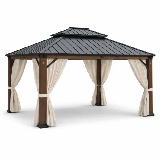 Pavillon aus Holz und Aluminium mit Stahldach Dunkelbraun/Beige 400x300x270 cm-furnzexa