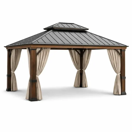 Pavillon Metall mit Vorhängen 400x300x270cm Braun/Beige-furnzexa