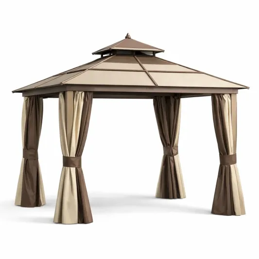 Metall Gartenpavillon mit Polyester Vorhängen 3x3m Beige/Braun-furnzexa