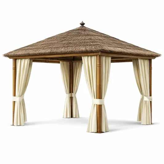 Gartenpavillon aus Bambus mit Stroh und Polyester Vorhängen, 3x4m-furnzexa
