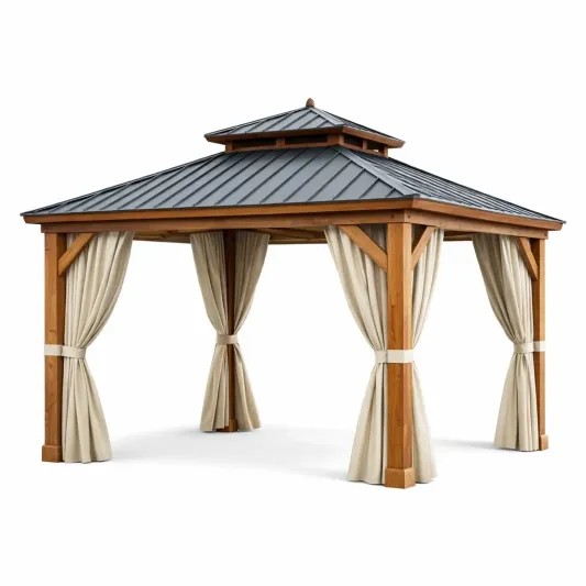 Holzpavillon aus Kiefer mit Metalldach und Polyester-Vorhängen 300x400 cm-furnzexa