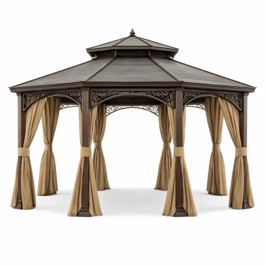 Aluminium Pavillon mit Polycarbonatdach und Polyester Vorhängen, 400x300x270 cm, Braun/Beige-furnzexa