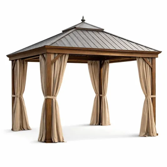 Holzpavillon mit Aluminiumdach und Polyester-Vorhängen 300x300x260 cm-furnzexa