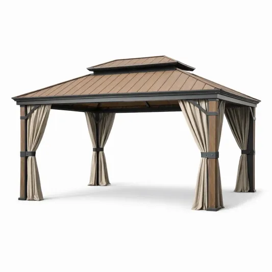 Pavillon Gartenzelt Aluminium 3x4m Holzoptik mit Polyester Vorhängen-furnzexa