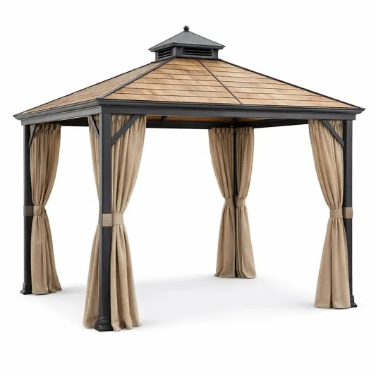 Aluminium Pavillon mit Holzoptikdach und Polyester Vorhängen Beige 300x300x270 cm-furnzexa