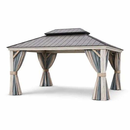 Holz Gartenpavillon mit Stahlblechdach und Vorhängen 400x300x280 cm-furnzexa